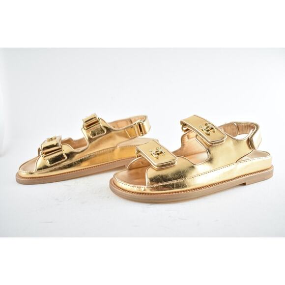 Chanel 22C Golden Gold Laminated CC Logo Mule Slide Strap Flat Dad Sandal 36 - Picture 9 of 12